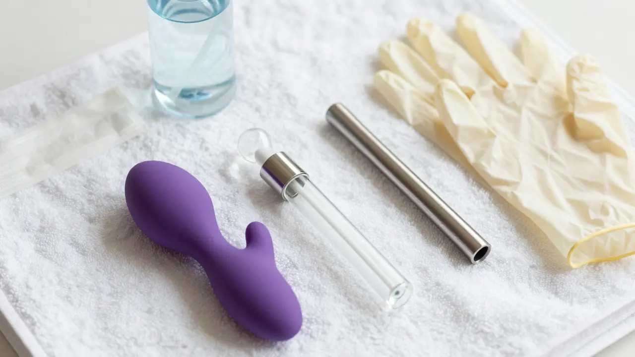 Tři bezpečné anální pomůcky z kvalitních materiálů s lubrikantem a rukavicemi na čistém ručníku.