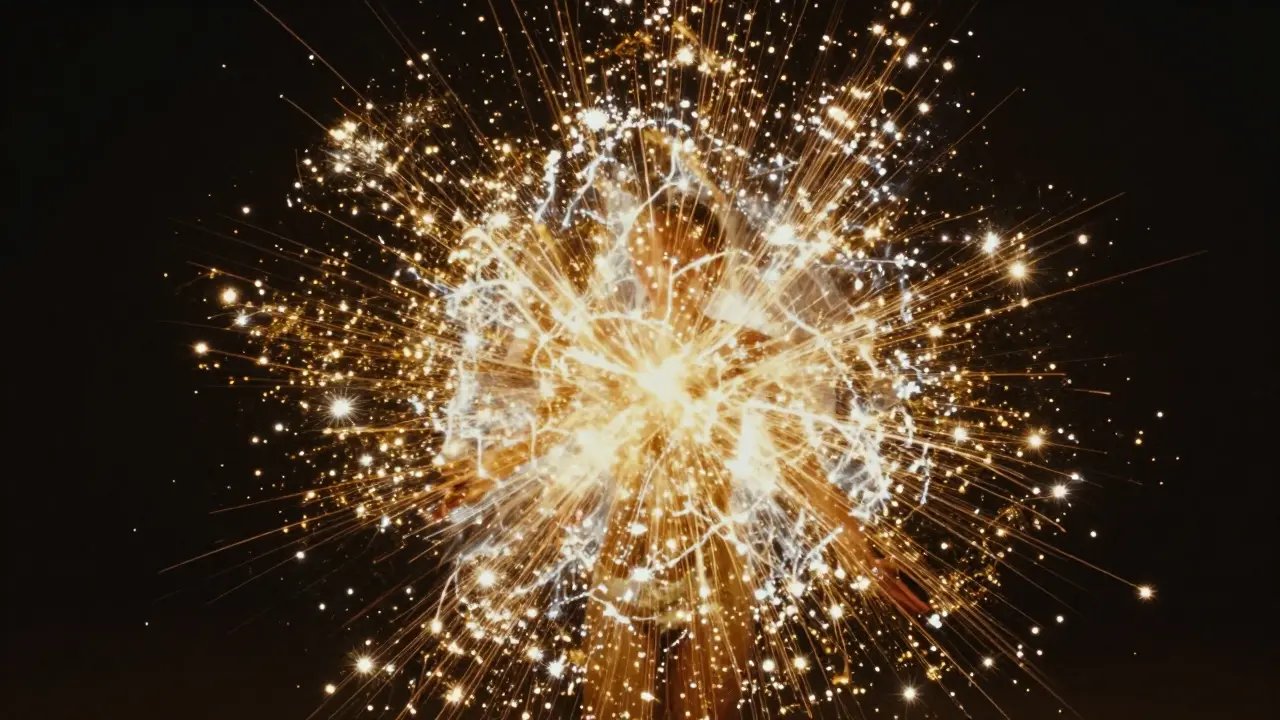 Abstraktní vizualizace celotělového orgasmu pomocí zlatých elektrických impulzů.