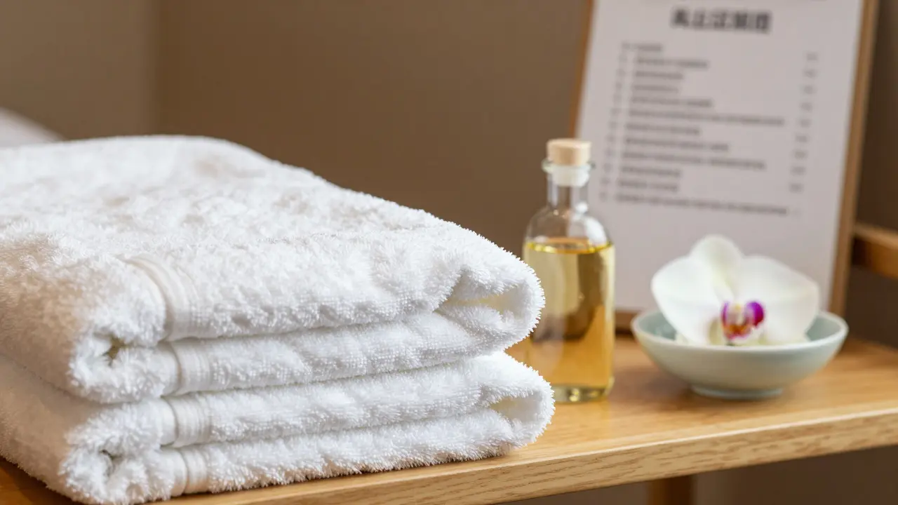 Čisté bílé ručníky a masážní olej v profesionálně vybaveném studiu.
