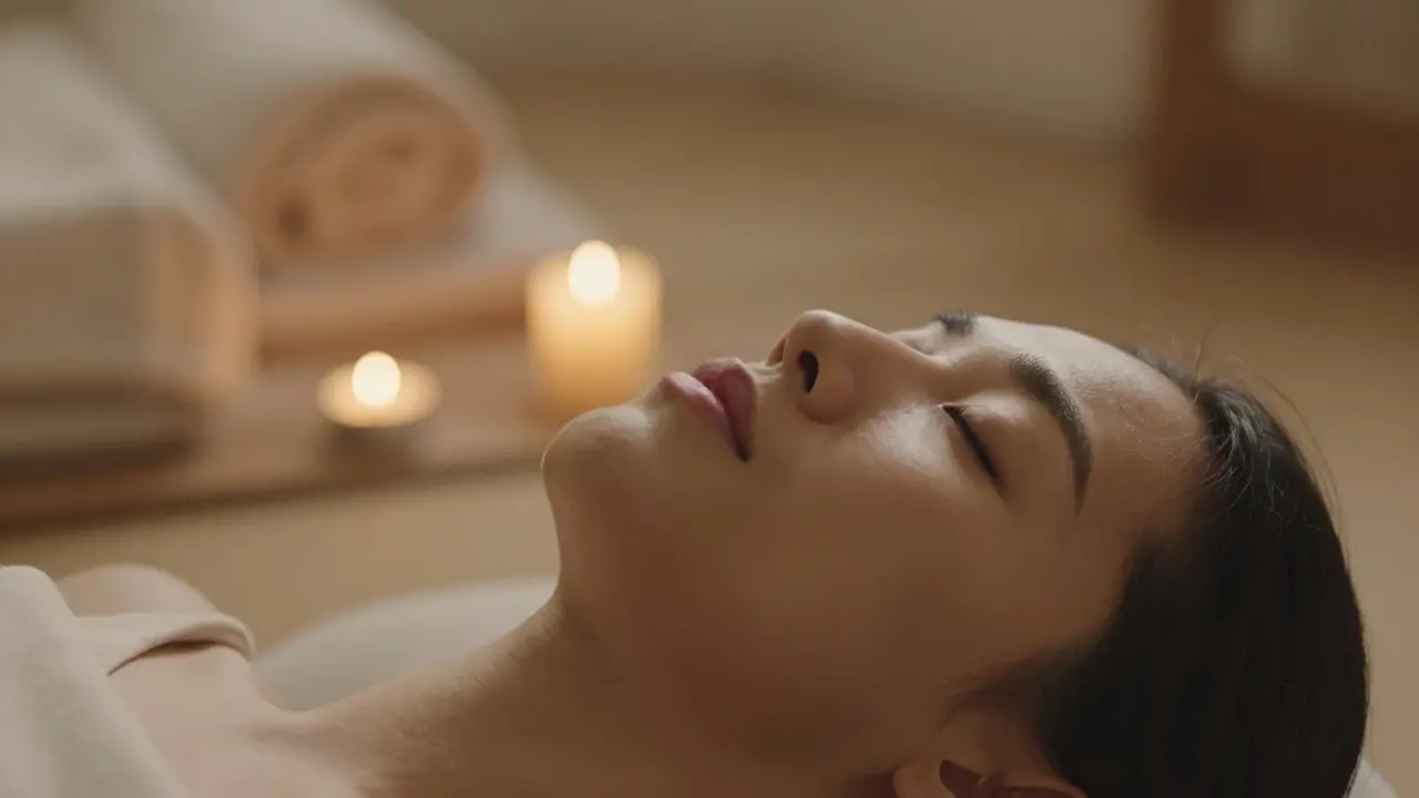 Detail obličeje muže v hlubokém relaxu a stavu euphoria během tantrické praxe.