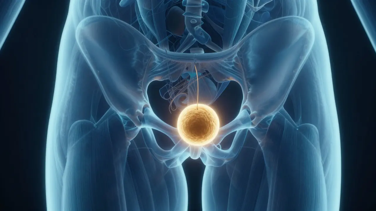 Konceptuální anatomický nákres pánve muže s vyznačenou polohou prostaty jako zlatý bod.