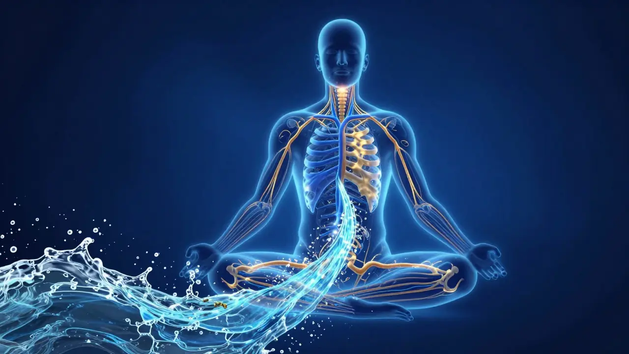 Konceptuální ilustrace proudění vody a energie v lidském těle během detoxikace.