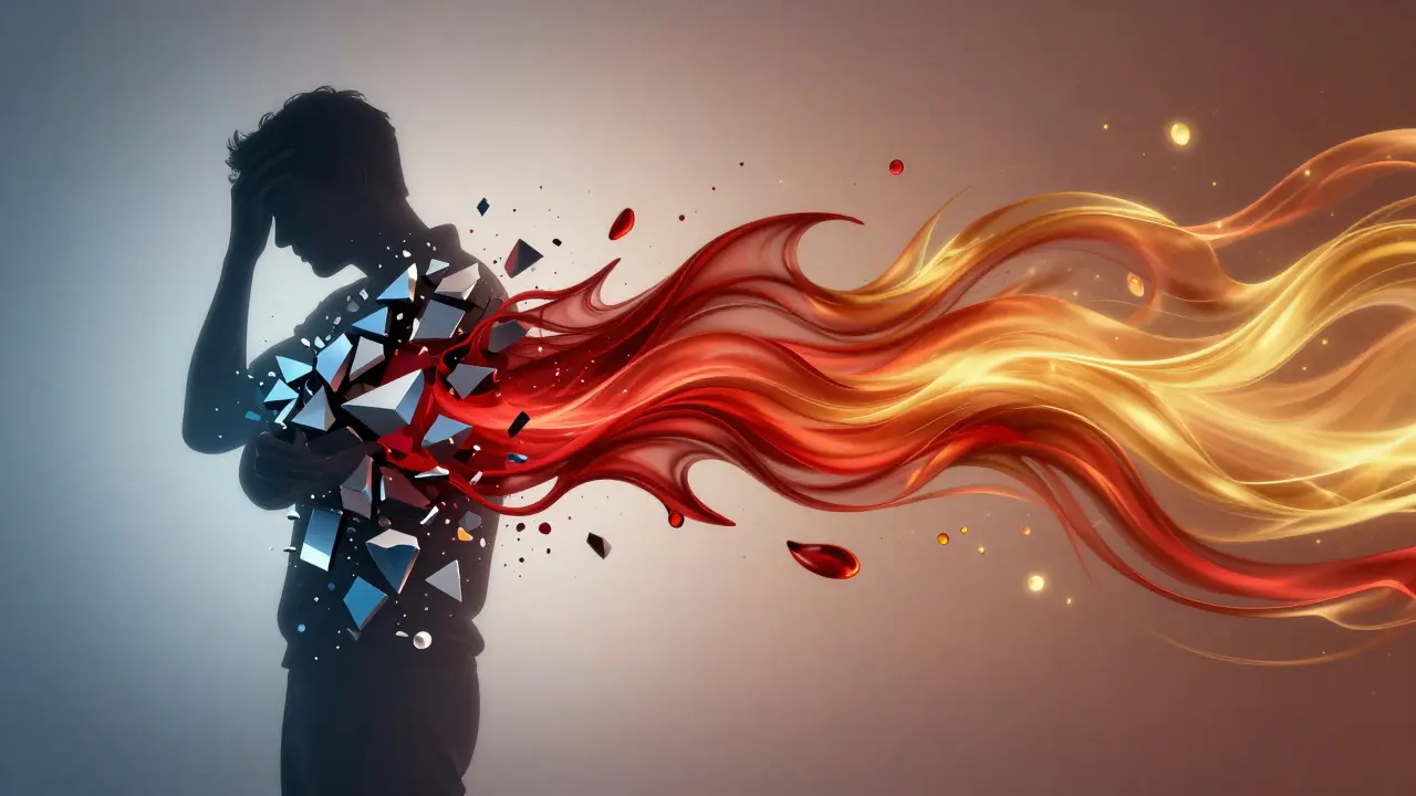 Konceptuální obraz přechodu od stresu a vyhoření k vnitřní energii a vitalitě.