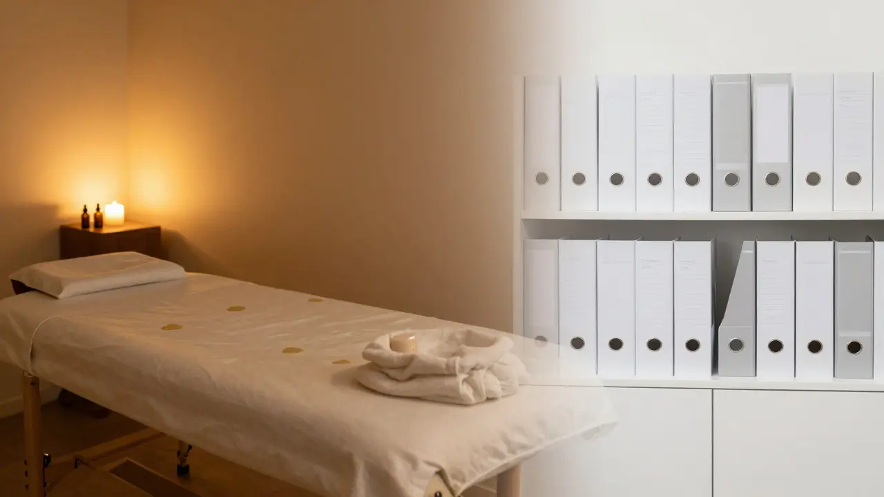 Konceptuální spojení relaxačního studia a administrativních požadavků.