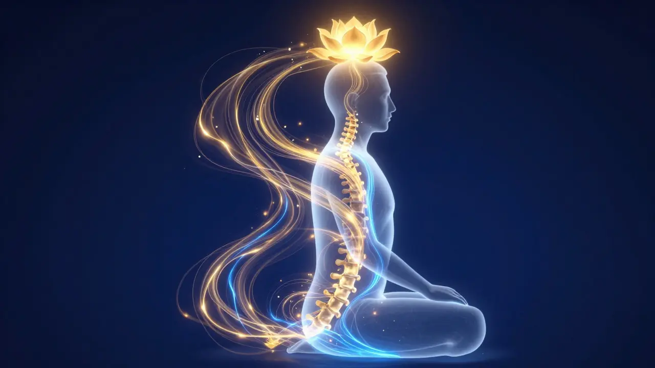 Konceptuální zobrazení zlaté energie čchi stoupající po páteři k hlavě.