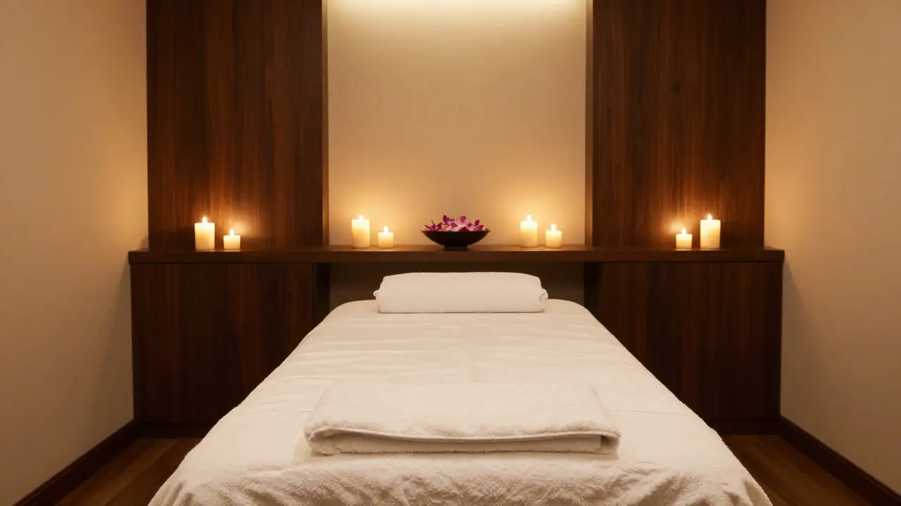 Luxusní wellness interiér v pražském hotelu s relaxační atmosférou.