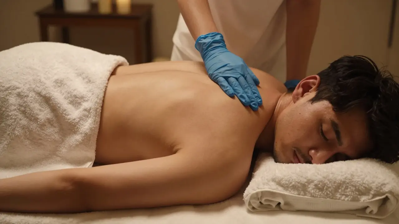 Muž v relaxaci leží na posteli a partner s rukavicí mu jemně masíruje spodní záda.