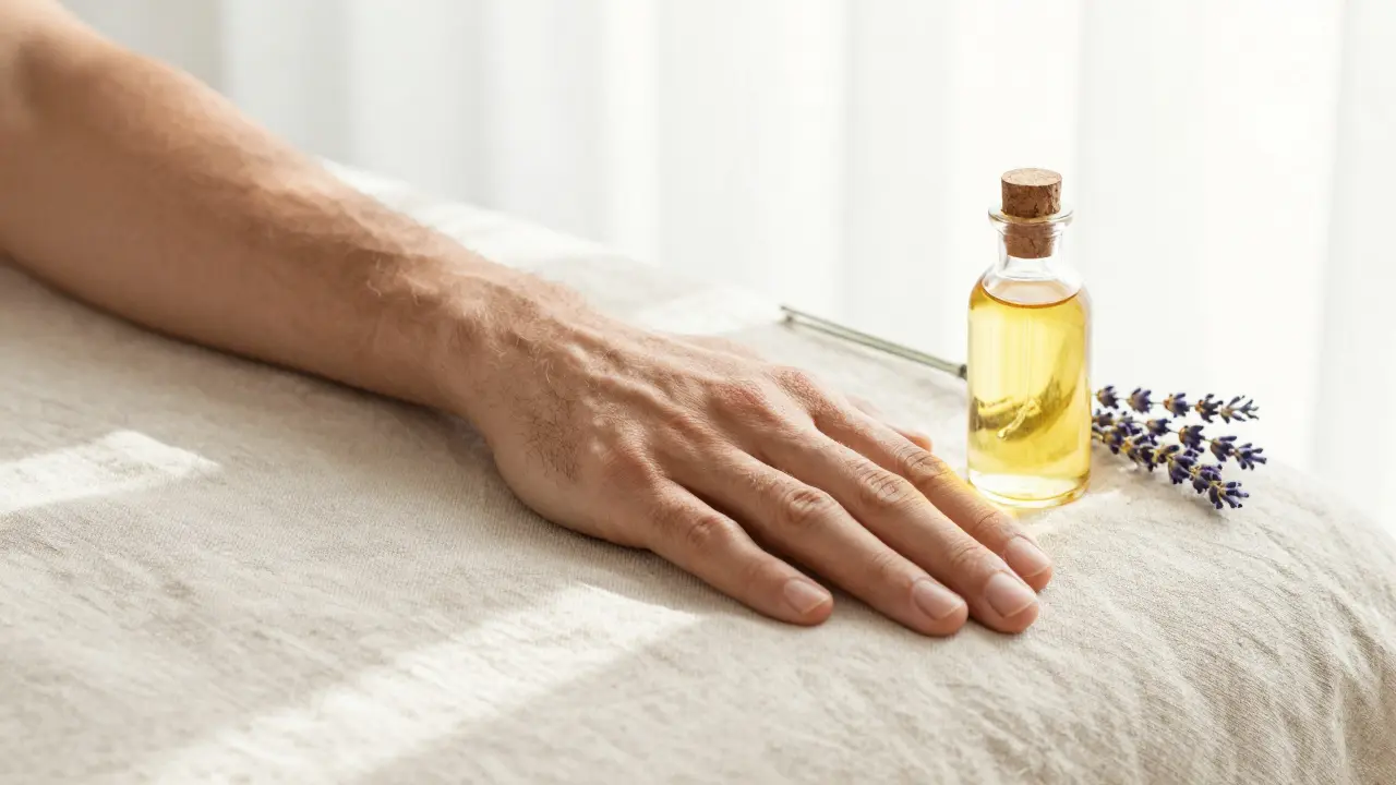 Ruka muže vedle lahvičky masážního oleje v uklidňujícím ranním světle.