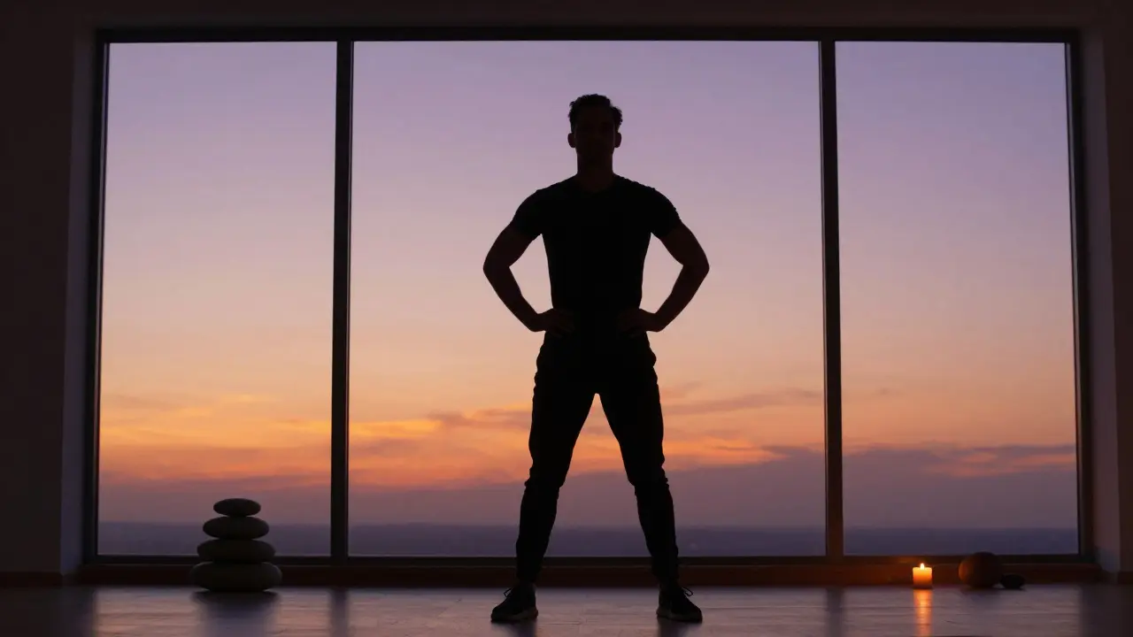 Silueta sebevědomého muže u okna při západu slunce symbolizující vnitřní rovnováhu.