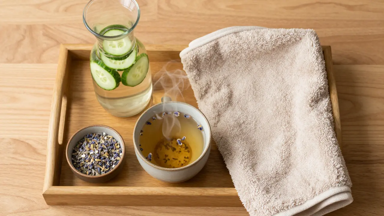 Záběr shora na bylinkový čaj s levandulí a vodu s okurkou pro regeneraci po masáži.