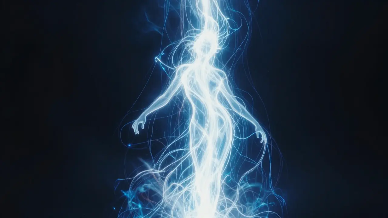 Abstraktní vizualizace proudění energetického orgasmu jako řeky světla