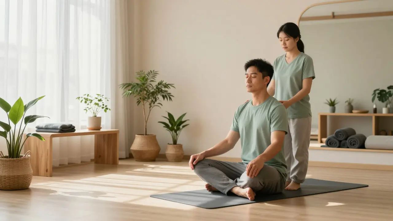 Klidná terapeutická místnost s mužem v meditaci, symbolizující přítomnost a bezpečí