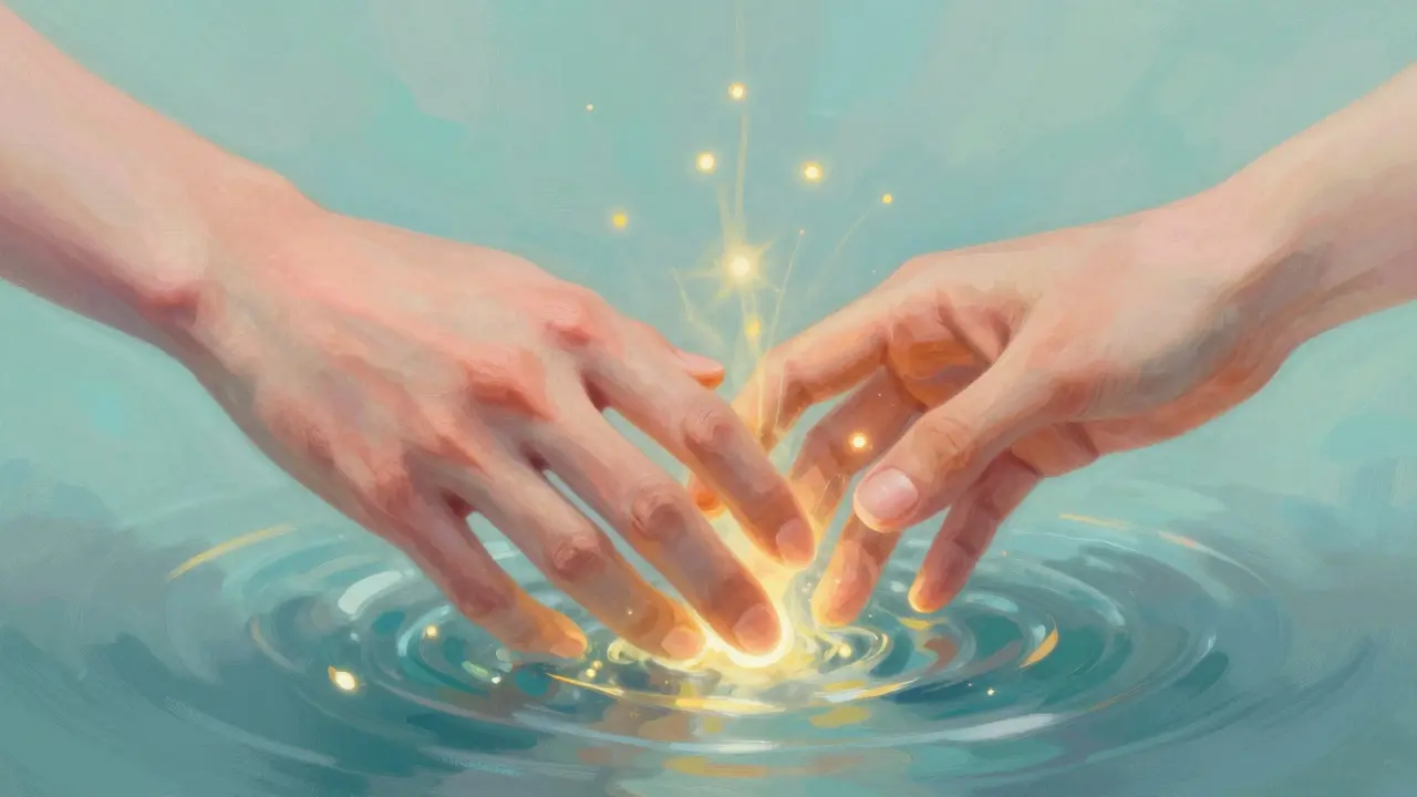 Umělecká ilustrace doteku rukou s pulzující světelnou energií srdce