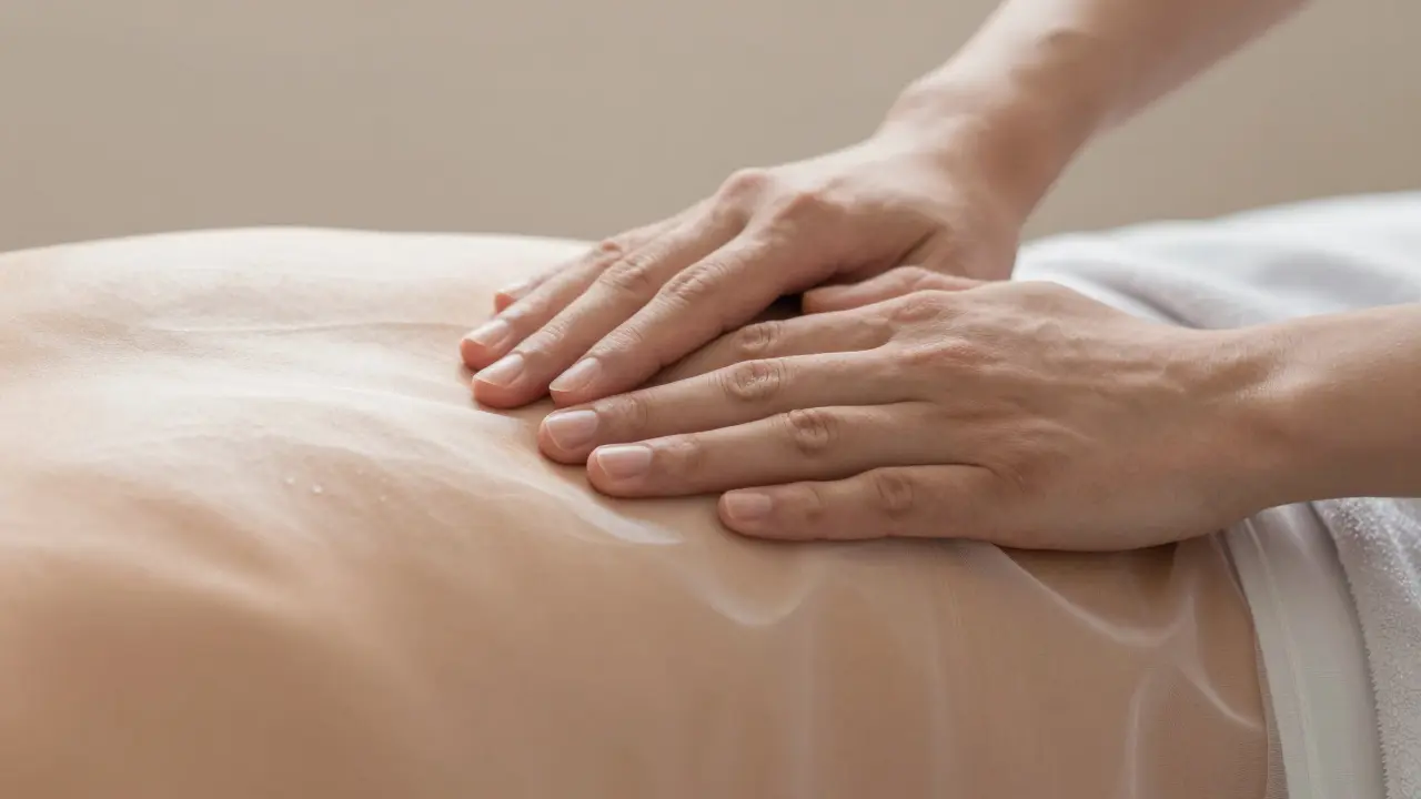 Profesionální terapeutické ruce na rameni klienta pod hedvábným plachtem