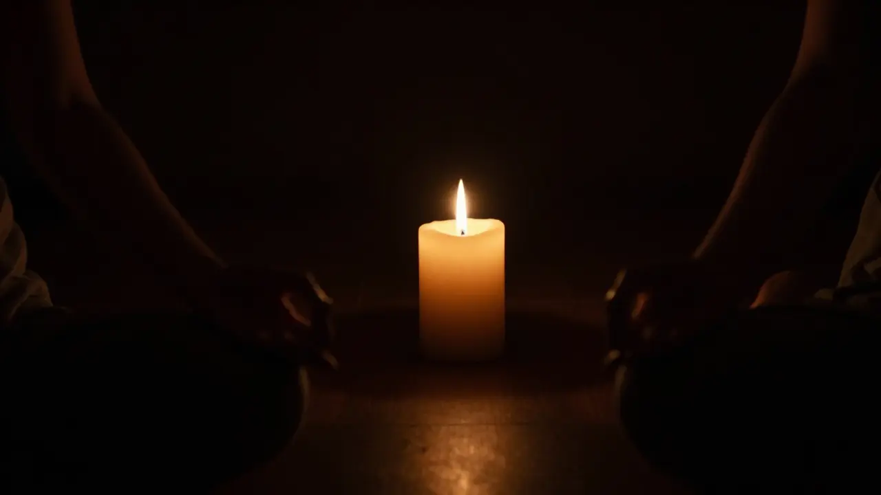 Silueta meditující osoby soustředěné na plamen svíčky ve tmě