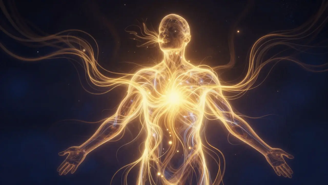Abstraktní postava emitující zlaté světlo představující vitalitu a energii