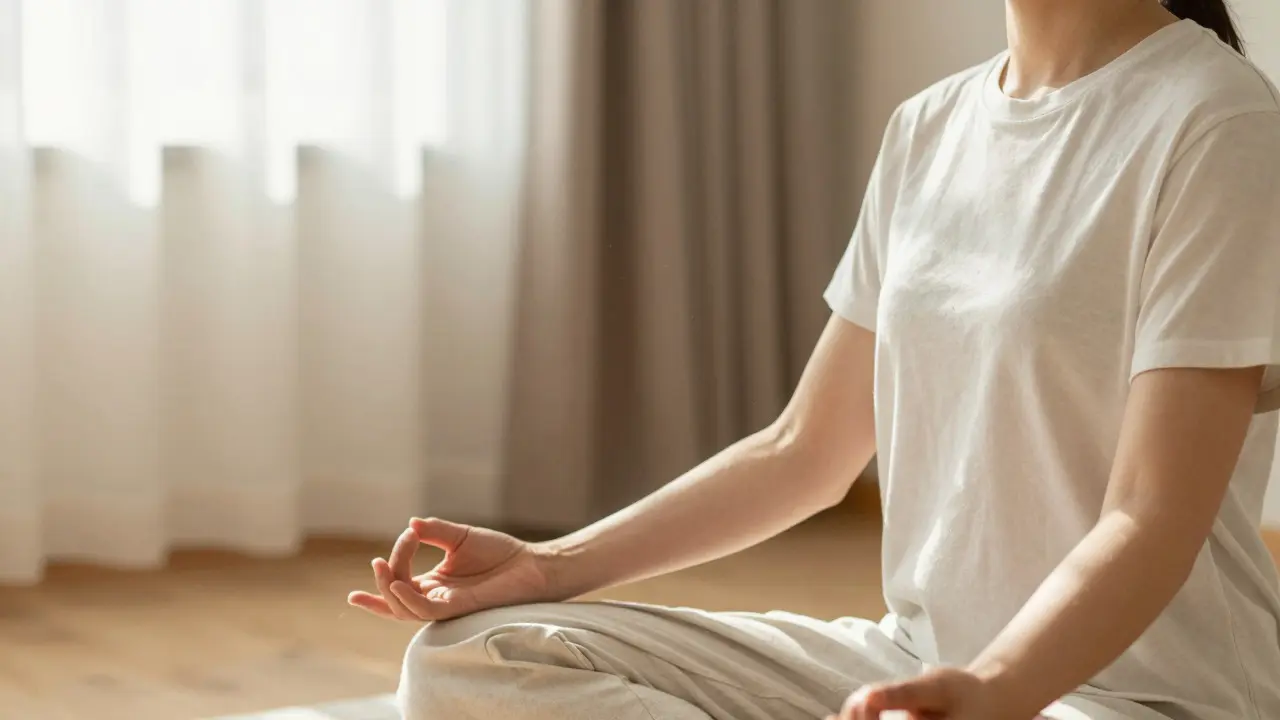 Relaxující osoba v meditaci po masáži v osvětleném interiéru
