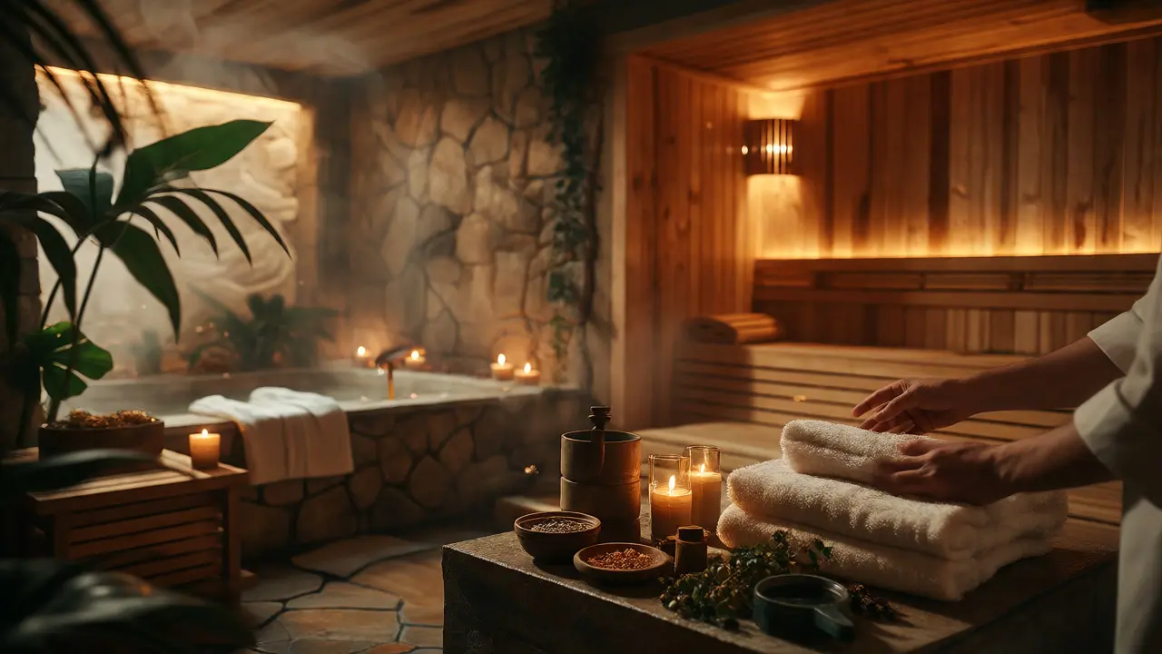Příprava wellness balíčku se saunou a bylinkami v lázeňském prostředí