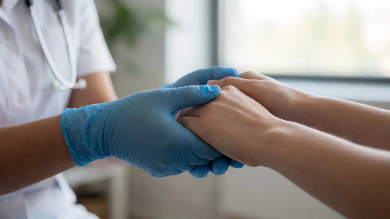 Ruce terapeuta a klientky symbolizující důvěru a bezpečí