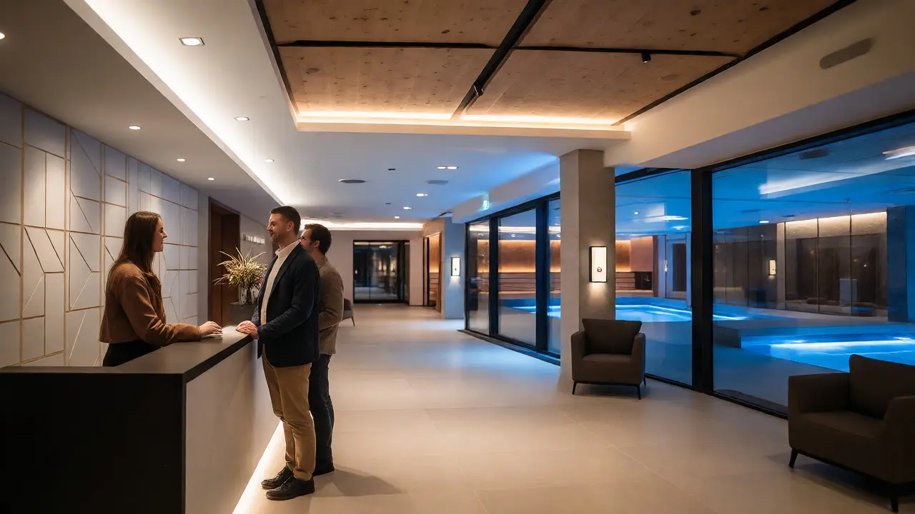 Pár přebírá rezervaci v moderním wellness centru s bazénem